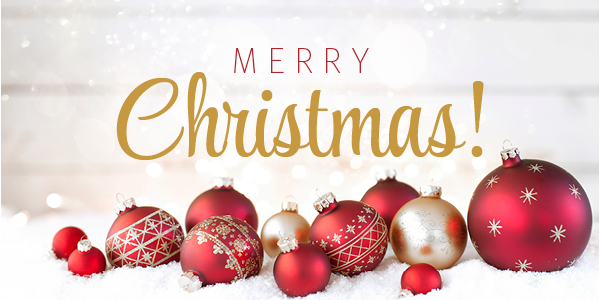 Image of a variety of sizes of ornaments, the ornaments are deep red and gold, some ornaments have holiday patterns on them, the ornaments are laying on a bed of snow against a white background with glitter; Merry Christmas!