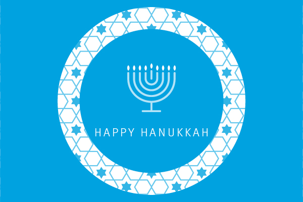 Light blue background with circular stroke of the Star of David seamless pattern in the middle, inside of circular stroke, illustrated menora; Happy Hanukkah