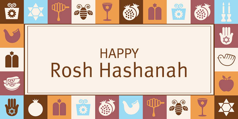 Image of flowers and unleavened bread against light blue background; Happy Rosh Hashanah