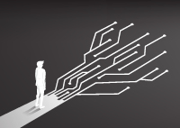 Black and white illustration of person standing on path and path becoming circuits