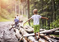 Boy Balancing on a long next to the forest.