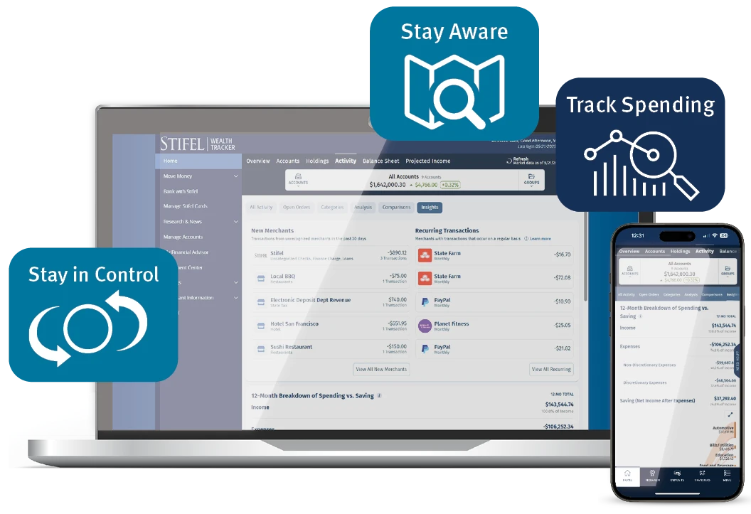 Stifel Wealth Tracker Insights Dashboard shown on a phone.