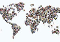 people grouped together to form the shape of a world map