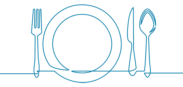 drawing of a table setting with a fork on the left, plate in the middle, and a knife and spoon on the right