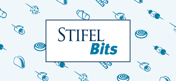 Stifel Bits in a white box with a blue stroke, behind Stifel Bits, blue illustrations of food against a light blue background