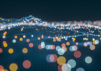 Graphic of digital landscape with different color dots over the top of the landscape